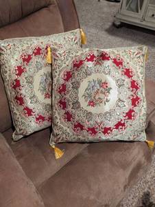 lot 2509 image: Decorative Red and Cream Tapestry Pillows with Gold Tassels