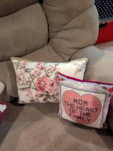 lot 2562 image: Decorative Needlepoint Throw Pillows Set - Cherry Blossom and Mom Theme