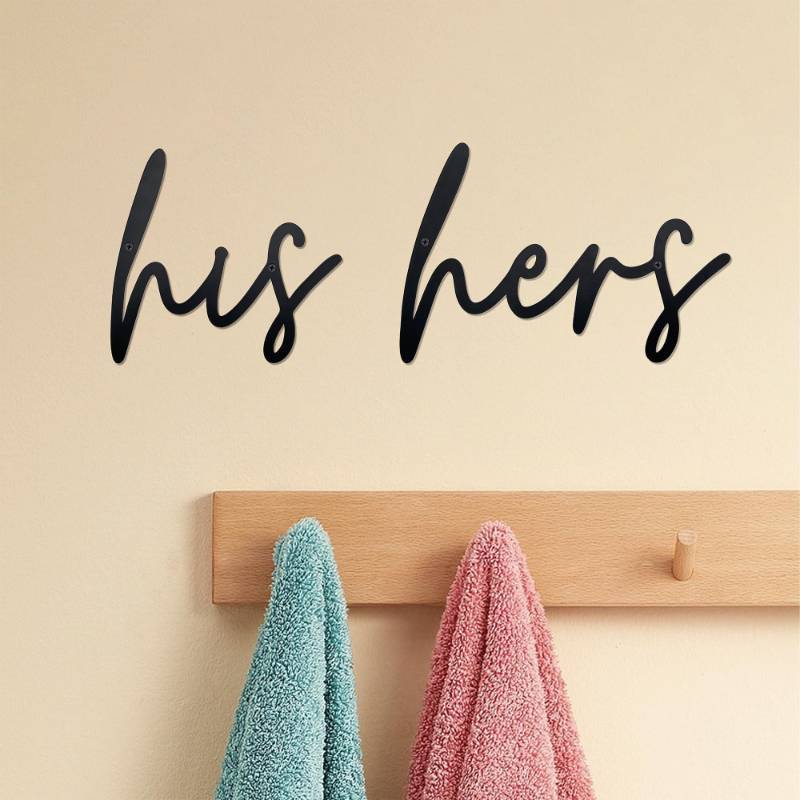 lot 15193 image: His and Hers Sign Metal Wall Art Metal Letters Decor for Bathroom Kitchen Bedroom Bathroom Towel Rack Wall Decor Great Gifts for Family - Retail $9