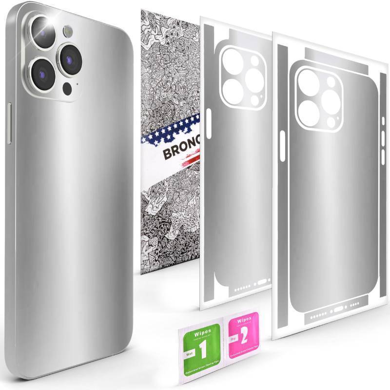 lot 15204 image: 2Pcs Skin Wrap Compatible for iPhone 15 Pro Max Slim Decal Vinyl Protective Film for Sides & Back Sleek Fit, Premium Look Compatible with iPhone 15 Pro Max Cases - Silver - Retail $7