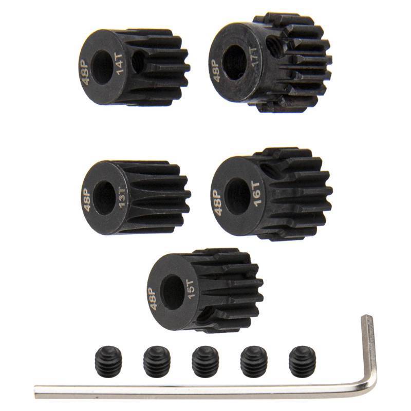 lot 15225 image: 5Pack ShareGoo Steel 48P 3.175mm Pinion Gear Sets 13T 14T 15T 16T 17T fit 3.175mm (18-Inch) Shaft Compatible with Arrma HPI Kyosho Losi Axial Traxxas Tamiya Associated 110 RC Car Monster Truck Buggy - Retail $12