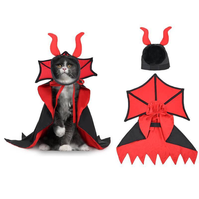 lot 15234 image: Cat Costume, Dog Halloween Costumes, Adjustable Vampire Costume with Devil Horns, Comfortable Halloween Costumes for Dogs Cats - Retail $5