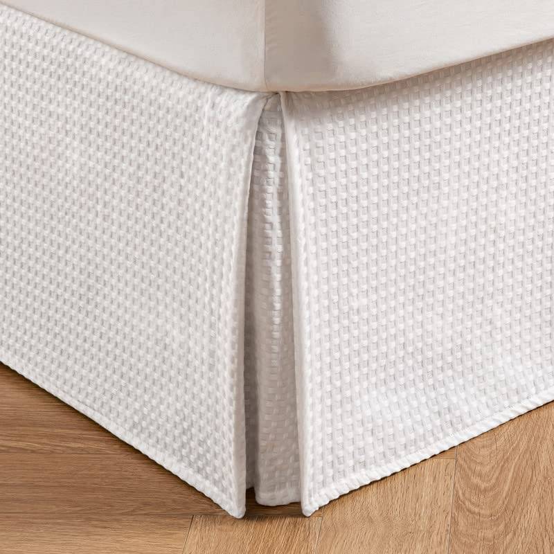 lot 15247 image: Pleated Waffle Weave Bed Skirt, Tailored Dust Ruffle 12 Inch Drop Easy Fit, Machine Washable (White, Queen - 12 Drop) - Retail $22