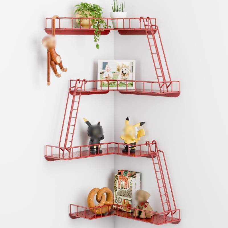 lot 15255 image: Fire Escape Wall Shelf - Modern City Style 4-Tier Corner Wall Shelves, Easy to Install Metal Ladder Shelf for Figures, New York Decorative Shelves for Bathroom, Living Room & Home Decor, Red - Retail $50