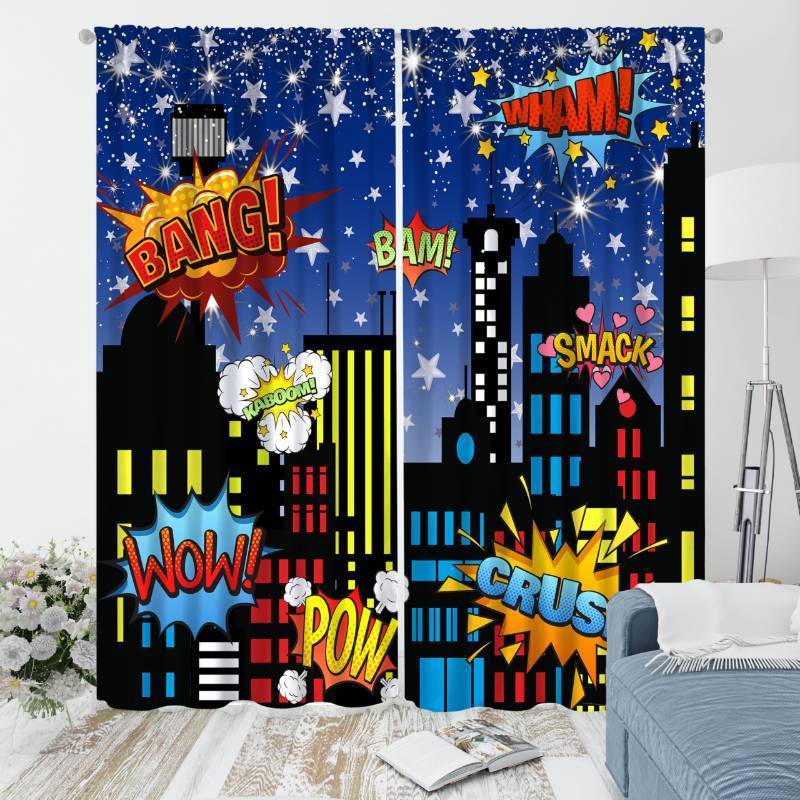 lot 15262 image: Superhero City Curtains,Cartoon Art Fun Explosion City Skyline Night Print Rod Pocket Window Treatments Drapes for Boys Girls Nursery Bedroom Living Room 42 W X 45 L - Retail $16