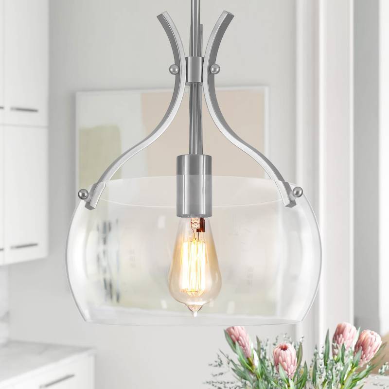 lot 15276 image: Glass Pendant Light Kitchen Island,11.8 Farmhouse Brushed Nickel Pendant Lighting with Clear Glass Shade, Modern Pendant Light Fixture for Kitchen Sink Dining Room Hallway Entryway. GLASS BROKEN. - Retail $130