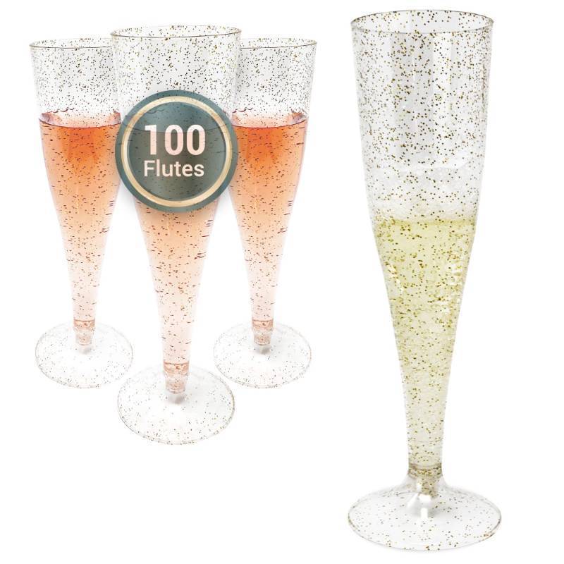 lot 15280 image: Champagne Flutes Plastic  100 Pack  4.5 oz - Gold Glitter  Premium Plastic Champagne Flutes  Party-Perfect for Celebrations - Retail $24