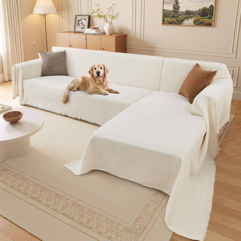 lot 15301 image: Sectional Couch Covers, 2 Pieces Washable L Shaped Couch Covers Sofa Blanket for Dogs Pet Friendly Sectional Sofa Slipcovers Furniture Protector,71x 110 71x 118,(X-Large, Cream White) - Retail $69