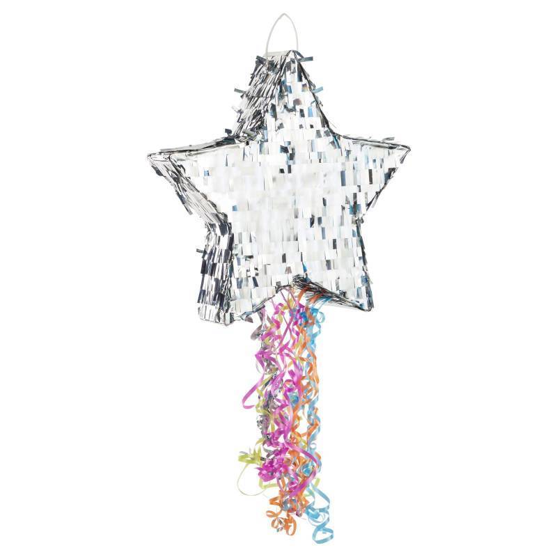 lot 15307 image: Sparkle and Bash Star Pinata with Pull Strings - Silver, 13 x 13 x 3 in - Space Theme Birthday Decoration & Baby Shower Supply - Pinatas with Pull Strings for Kids & Adults - Retail $37