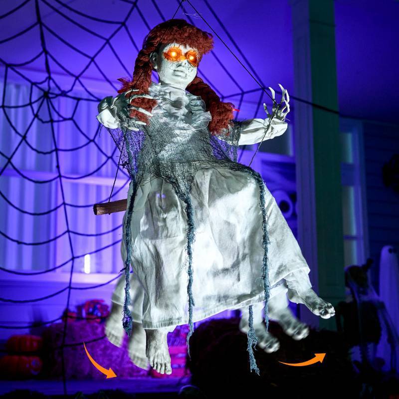 lot 15308 image: Scary Halloween Decorations Outdoor, Halloween Hanging Scary Swing Girl Decorations Winging White Doll with Creepy Sound and Light Up Eyes Sound, Animatronics Hanging Decor.