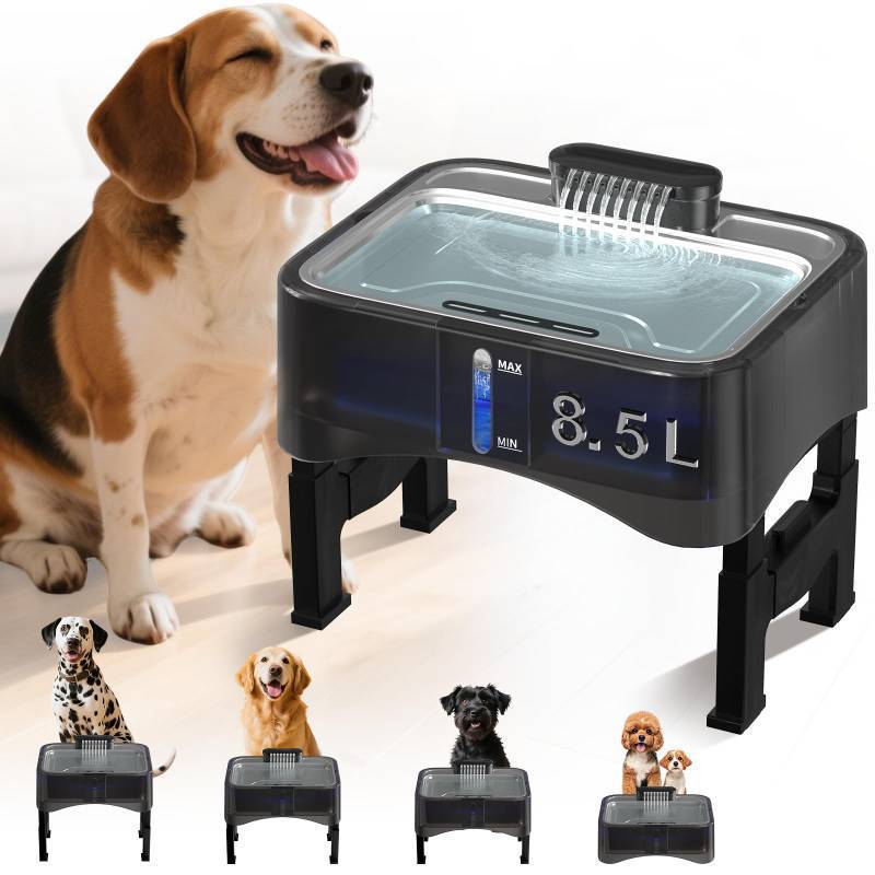 lot 15318 image: 8.5L2.25Gal Elevated Dog Water Fountain, Xetino 4 Height Adjustable Raised Dog Water Bowl Dispenser for Large Dogs with Stainless Steel Tray, Pet Water Fountain with Ultra Quiet Pump and Filter - Retail $70