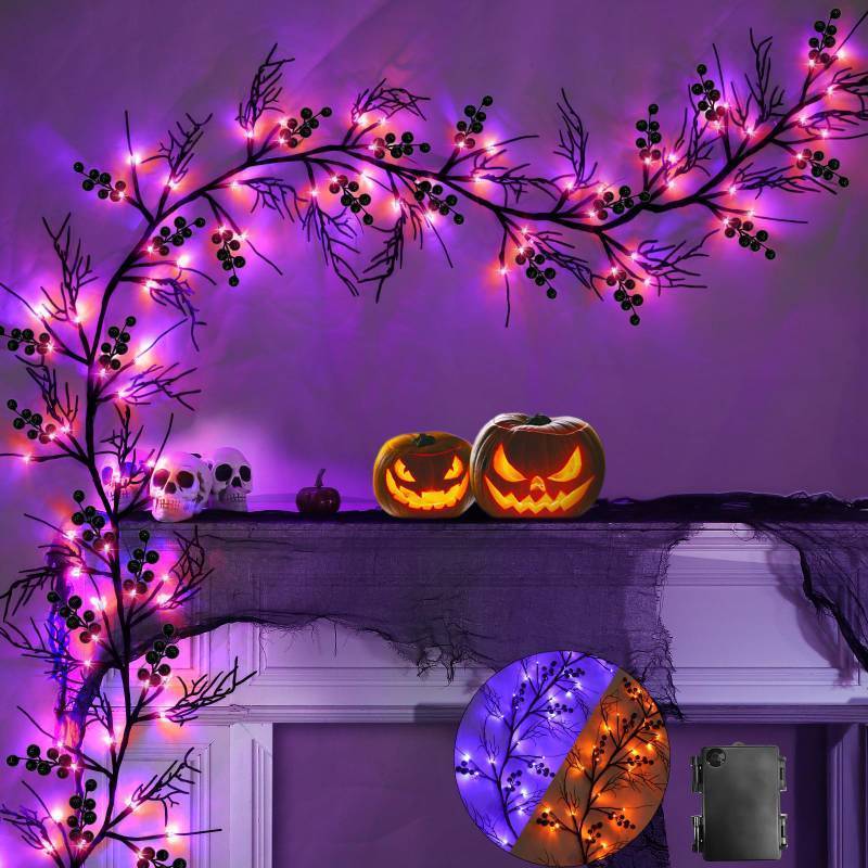 lot 25277 image: 3 Color Changing Lights -6 Ft 54LED Halloween Willow Vine Twig Decor Branches Garland Decorations Orange, Purple and Orange & Purple Lights -Battery Operated for Indoor Wall Fireplace Halloween Decor