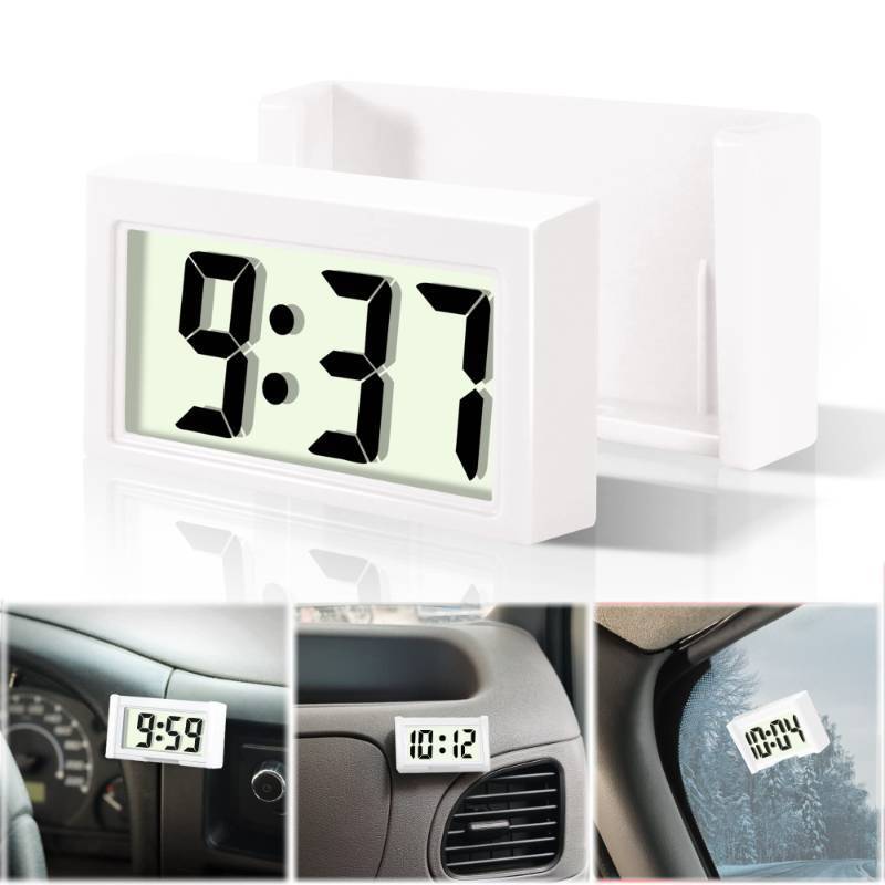 lot 25293 image: Car Dashboard Digital Clock - Vehicle Adhesive Clock with Jumbo LCD Time & Day Display - Mini Automotive Stick On Watch for Car Truck Dashboard & Air Vent (White) - Retail $6