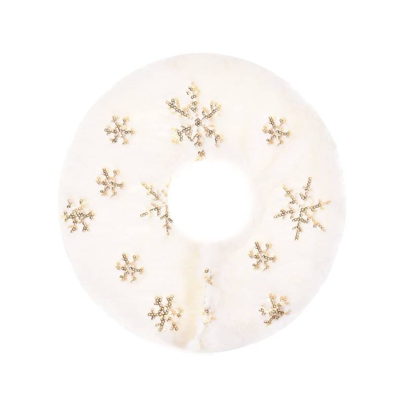 lot 25297 image: Christmas Tree Skirt, 11 inch Mini White Snowflake Xmas Tree Skirt, Double Layer Faux Snowy Fur with Gold Sequins Skirts Used for Table Top, Birch Table Tree Lights, Christmas Party - Retail $10