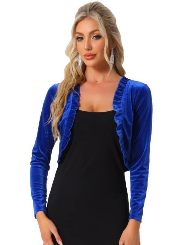 lot 25308 image: Allegra K Womens Cocktail Party Open Front Cardigan Long Sleeve Cropped Velvet Shrug Top Medium Royal Blue - Retail $31