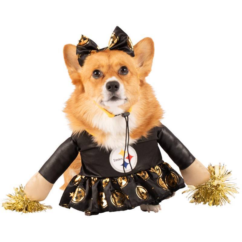 lot 25310 image: NFL Pittsburgh Steelers Officially Licensed Cheer Dog Costume by MODERN HERO Includes Dress with Faux Stuffed arms and Tinsel pom-poms and Satin Bow Headband, Size XXL - Retail $36