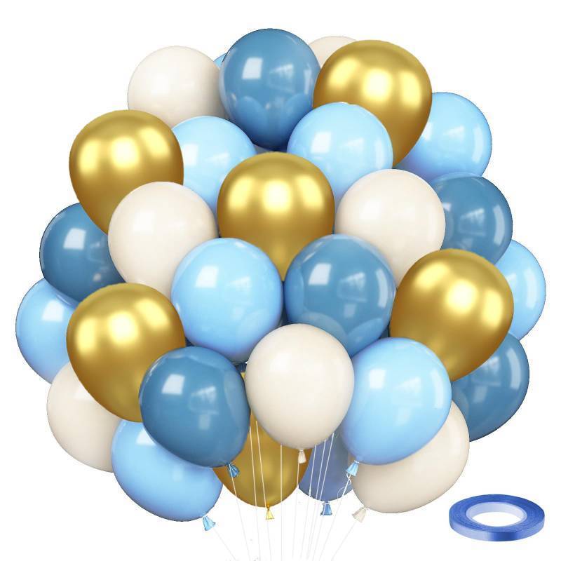 lot 25330 image: Gold Royal Blue White 12 Inch Set Latex Balloons with 33 Feet Ribbon for Birthday Party, Wedding, Graduation, Bridal Shower Decorations - Retail $9