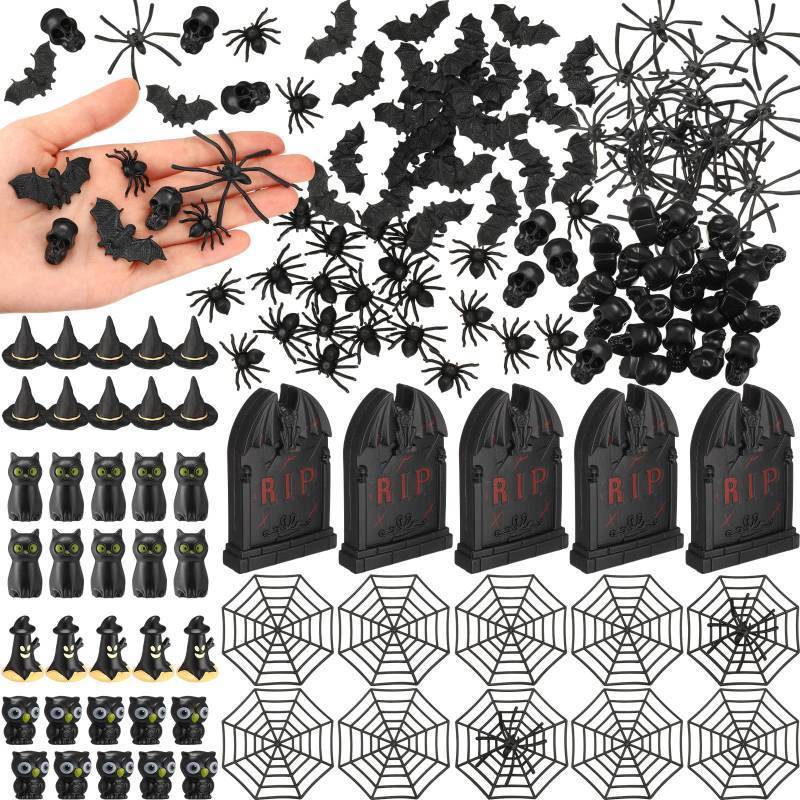 lot 25338 image: 150 Pcs Halloween Miniatures Figurines Halloween Mini Resin Figures Small Tombstones Bats Spiders Skull Spider Webs Miniatures Bulk for Party Favors Bag Fillers Garden Decor
