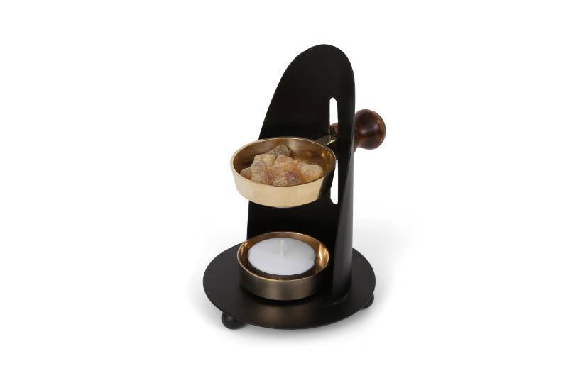 lot 25351 image: Incense Burner, Black and Gold Incense Holder - Tea Light Candle or Charcoal Resin Heated. for Home Decor, Beautiful Adjustable Design, Spiritual Gifts, Offering Calming Atmosphere - Retail $30