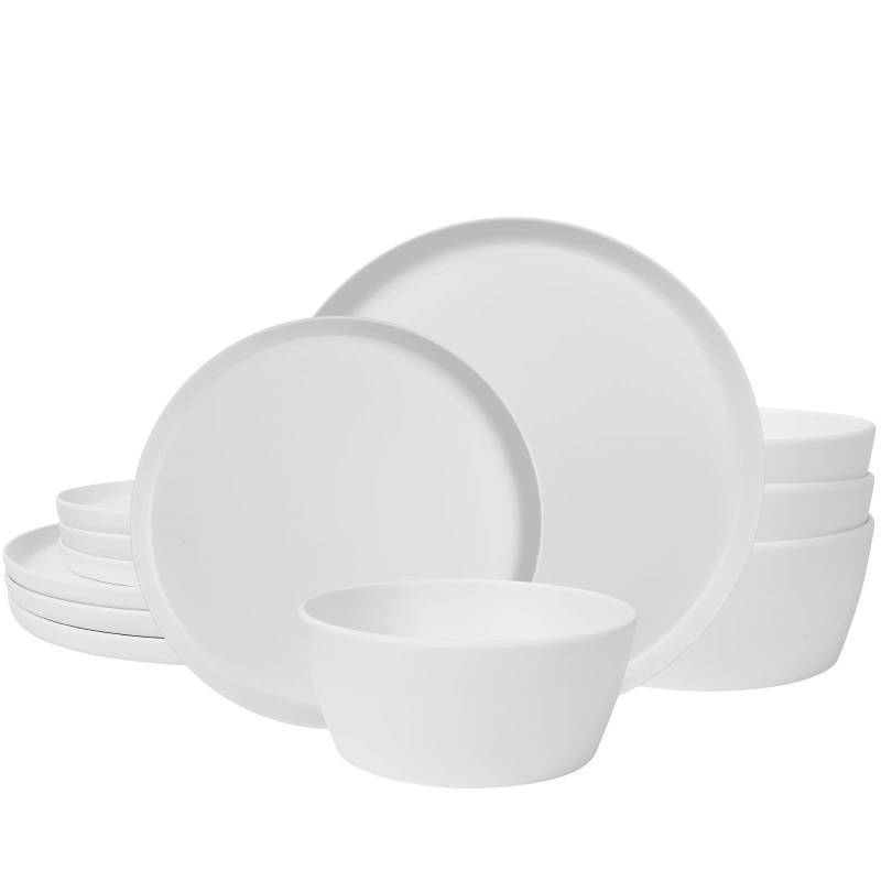 lot 25371 image: 12-Piece Plastic Dinnerware Set Plates and Bowls Sets Service for 4 Matte White Melamine Plates Unbreakable Plastic Outdoor Camping Dishes Decor Dishwasher Safe - Retail $29
