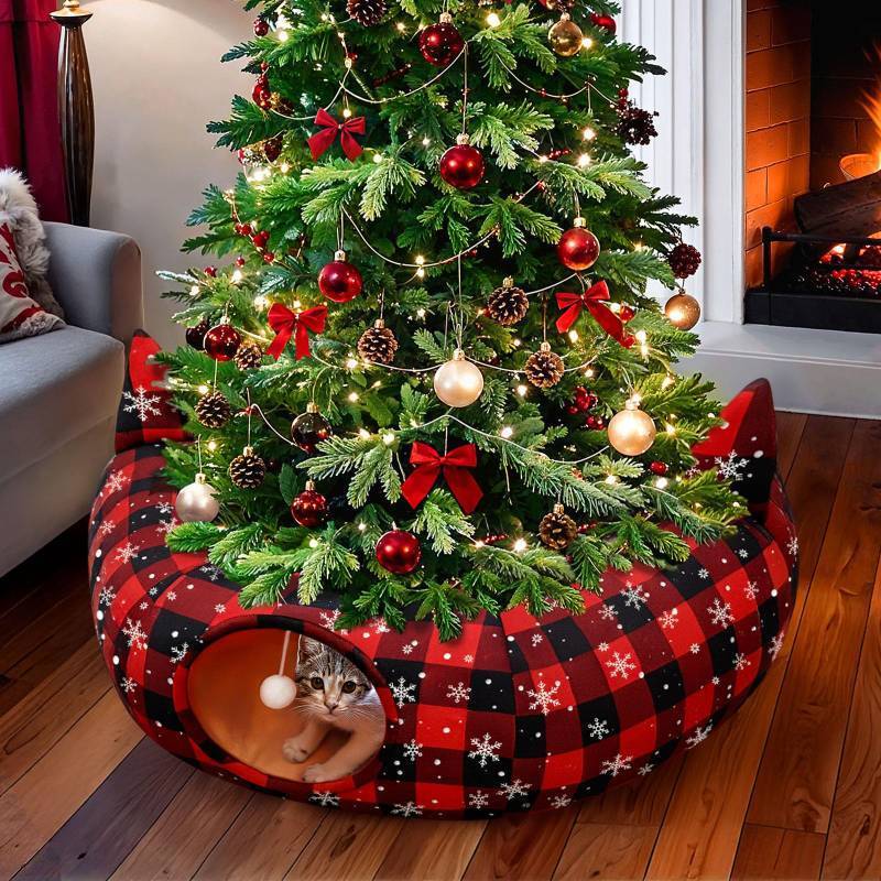 lot 25381 image: Cat Tunnel Christmas Tree Skirt, Exquisite Cat Bed Tunnel with Hanging Ball, Buffalo Plaid Christmas Tree Collar Cat Cave for Pet Indoor Outdoor Decorations - Retail $30