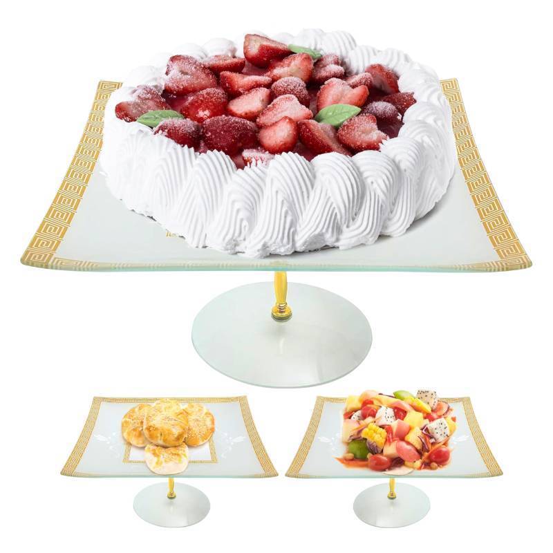 lot 25382 image: Square Cake Stand 13-Inch Tempered Glass Cake Holder with Gold Trim, Chip-Resistant, Durable & Dishwasher Safe, Dessert Stand for Parties, 6-Inch High - Retail $26