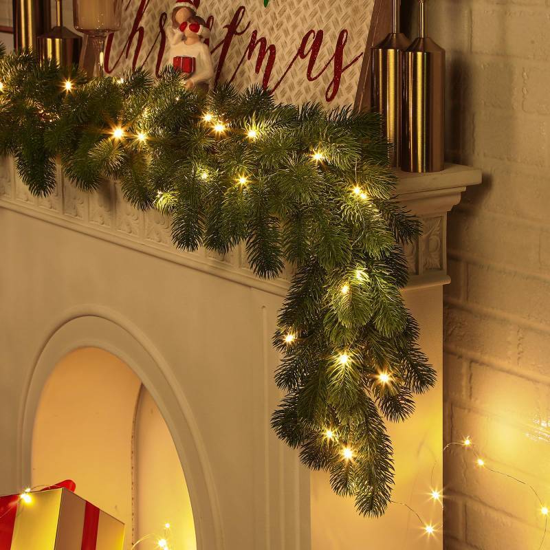 lot 25383 image: 2PCS 9ft Pre-Lit Christmas Garland, Artificial Lighted Norfolk Pine Garland with Multi-Color Lights, Battery Operated Garland for Mantle Stairs Table Fireplace Xmas Decoration Outdoor & Indoor - Retail $26
