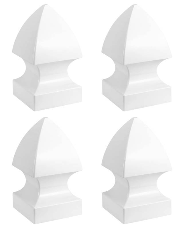 lot 25391 image: QWORK 4 Pack 5 Vinyl Fence Post Cap in Gothic Style - Outdoor Post Cover for 5 x 5 Vinyl Decks, Patios, Porches, Mailbox Posts, White - Retail $46