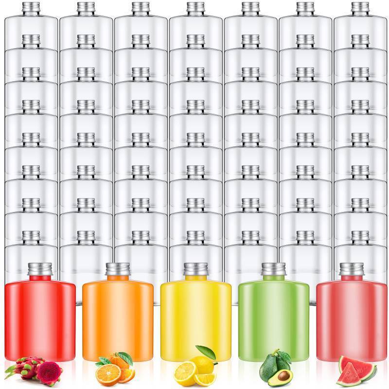 lot 25398 image: 60 Pcs Plastic Bottles Bulk with Caps 8.5 oz Small Reusable Disposable Juice Bottles Empty Clear Beverages Drink Containers Water Flask Mini Fridge Containers for Juicing Smoothies Milk - Retail $43