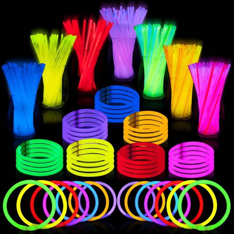 lot 25407 image: 100 Pcs 8 Glow sticks Bulk Party Favors Pack, Neon Glow in the Dark Party Supplies, Light Up Necklaces and Bracelets with Connectors, Easter, Football, Birthday Decorations