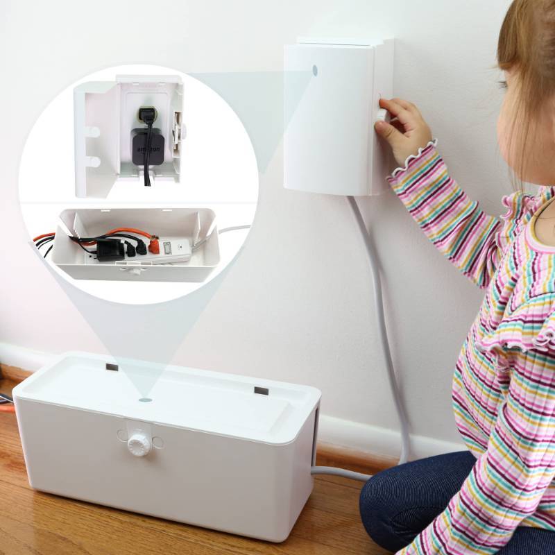 lot 25428 image: Power Strip Cover and Outlet Cover Box - Effectively Baby Proofs Power Strip on Floor or Wall, Protects Small Hands & Fingers, Cover Box and Outlet Cover Box - Retail $25