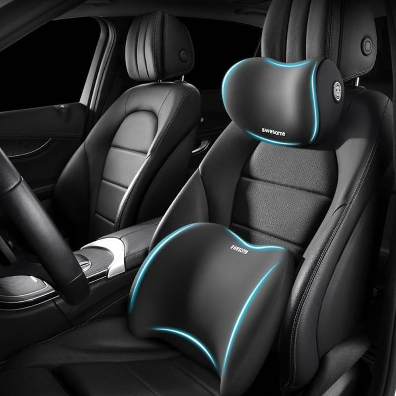 lot 25442 image: Car Headrest & Lumbar Support Cushion Kit, Ergonomic Car Seat Neck Pillow and Backseat Cushion for Driving Fatigue Relief, Driving Seat Memory Foam Neck Back Rest Pillows (Black) - Retail $17