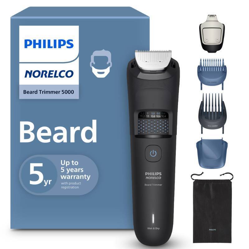 lot 44101 image: Norelco Philips Beard Trimmer 5000 Series, 100% Waterproof Beard Styler, Precision Dial with 40 Lock-in Trimming Settings, Self-Sharpening Metal Blades & Beard Hair Mess Collector, BT577540 - Retail $60