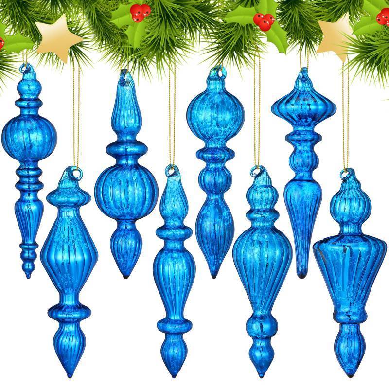 lot 44128 image: 8 Pcs 6 Inch Mercury Glass Finial Christmas Ornaments Hanging Christmas Finials Glass Ornaments Assorted Mercury Decor for Vintage Holiday Xmas Tree Decoration(Blue) - Retail $24