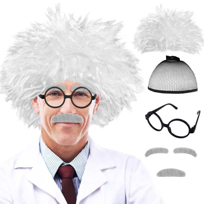 lot 44134 image: 6 PCS Old Man Mad Scientist Wig Set, Crazy Physicist Costume, Dressing Up Grandpa for Kids 100th Day of School, Cosplay Party With Eyebrows, Mustache, Glasses - Retail $9
