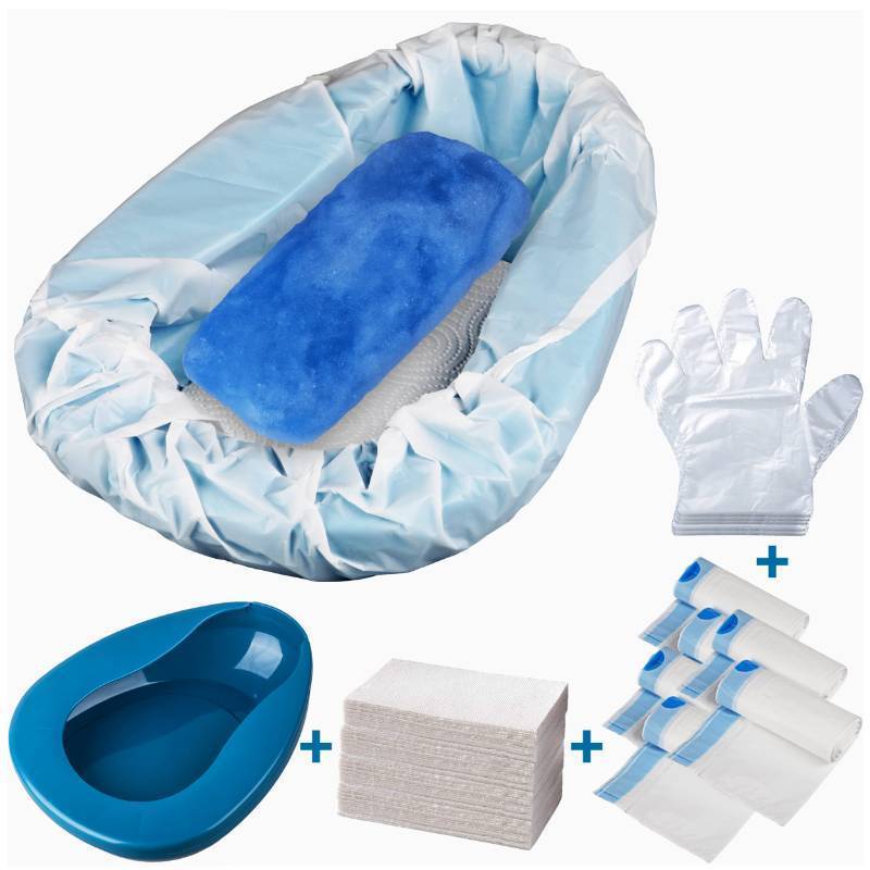 lot 44149 image: Bedpan Set with 30 Disposable Liners, Super Absorbent Pads and Gloves - Pack 30 Count - Bed Pan for Elderly Women Females Bedridden Patients, Bedpan for Men - Retail $27