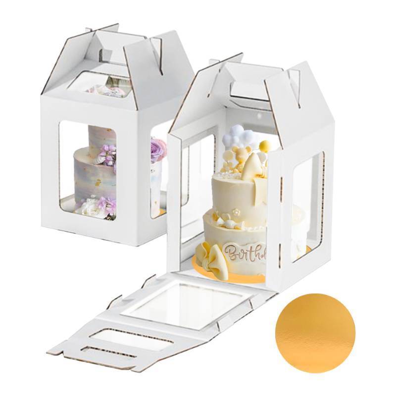 lot 44159 image: 2 Packs Tall Cake Boxes with Cake Board,10x10x12 Inches Large Tiered Cake Carriers with Clear Windows and Handle, Cake Containers for Birthday, Wedding, Party and Festival - Retail $16