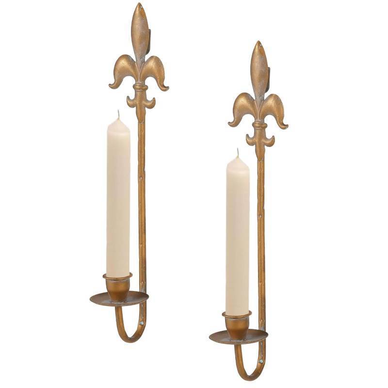 lot 44165 image: Fleur De Lis Wrought Iron Candle Sconces Set of 2, Rustic Candle Holders Hanging for Living Room Farmhouse Fireplace Wedding (Antique Copper) - Retail $20