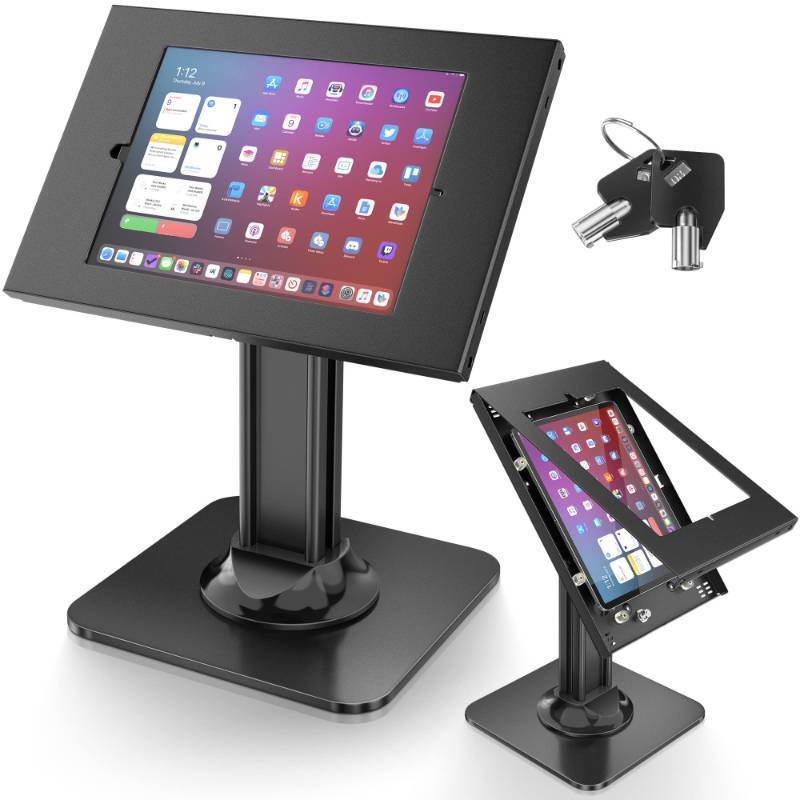 lot 44179 image: Anti-Theft iPad Kiosk Stand POS iPad Security Stand & Locking Tablet Holder Heavy Duty Base, 360° Swivel, 75° Tilt Bracket Perfect for Retail Business (Black) - Retail $70