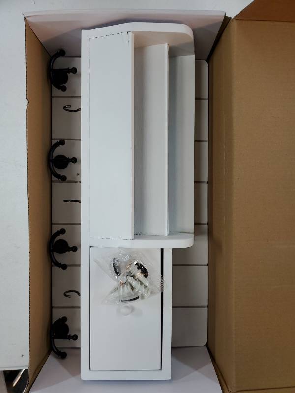 lot 44180 image: Vision Key Holder Wall Mount and Mail Organizer  Farmhouse Key and Mail Holder for Wall with Drawer and 7 Key Hooks - Decorative Home Organization for Wall Decor Aesthetic (White). CRACKED. - Retail $34