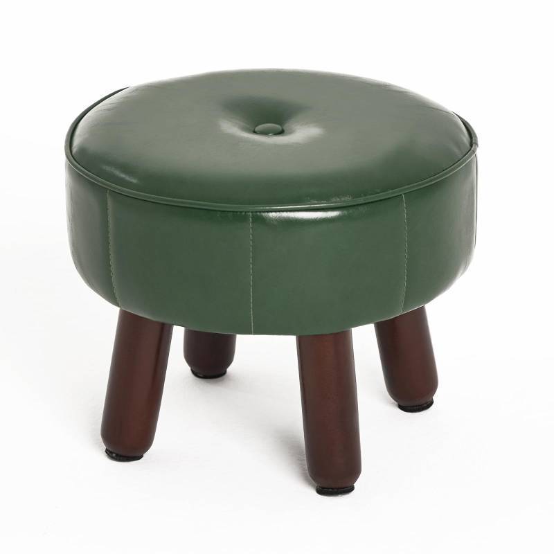 lot 44184 image: 13in Small Foot Stool Ottoman, Round Faux Leather Foot Rest for Couch, Under Desk Pouf Footstool Footrest with Non-Skid Rubber Legs for Living Room, Bedroom, 13L x 13W x 10.2H, Green - Retail $30