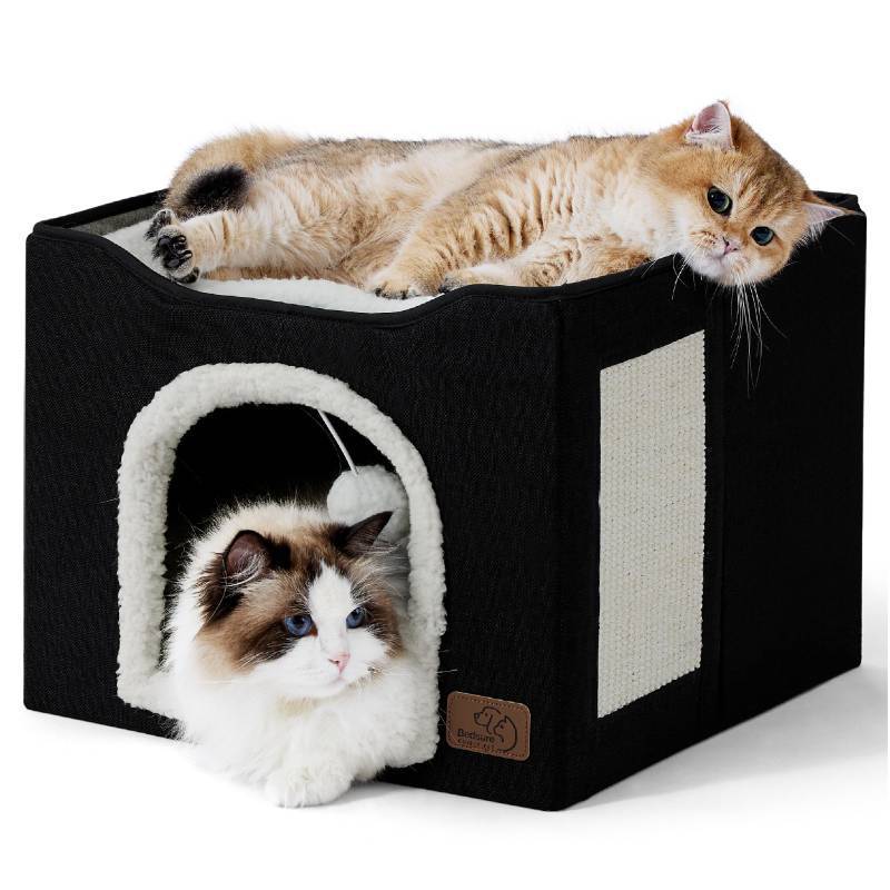 lot 44207 image: Bedsure Cat Beds for Indoor Cats - Large Cat Cave for Pet Cat House with Fluffy Ball Hanging and Scratch Pad, Foldable Cat Hideaway, 16.5x16.5x13 inches, Black - Retail $29