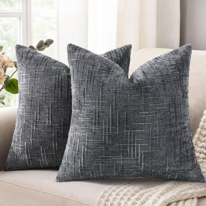 lot 61675 image: Spring Dark Grey Chenille Euro Sham Throw Pillow Covers 24x24 Set of 2 Textured Soft Cozy Slubby Couch Pillow Covers Modern Farmhouse Boho Decorative Pillow Cases for Bed Sofa Living Room - Retail $27