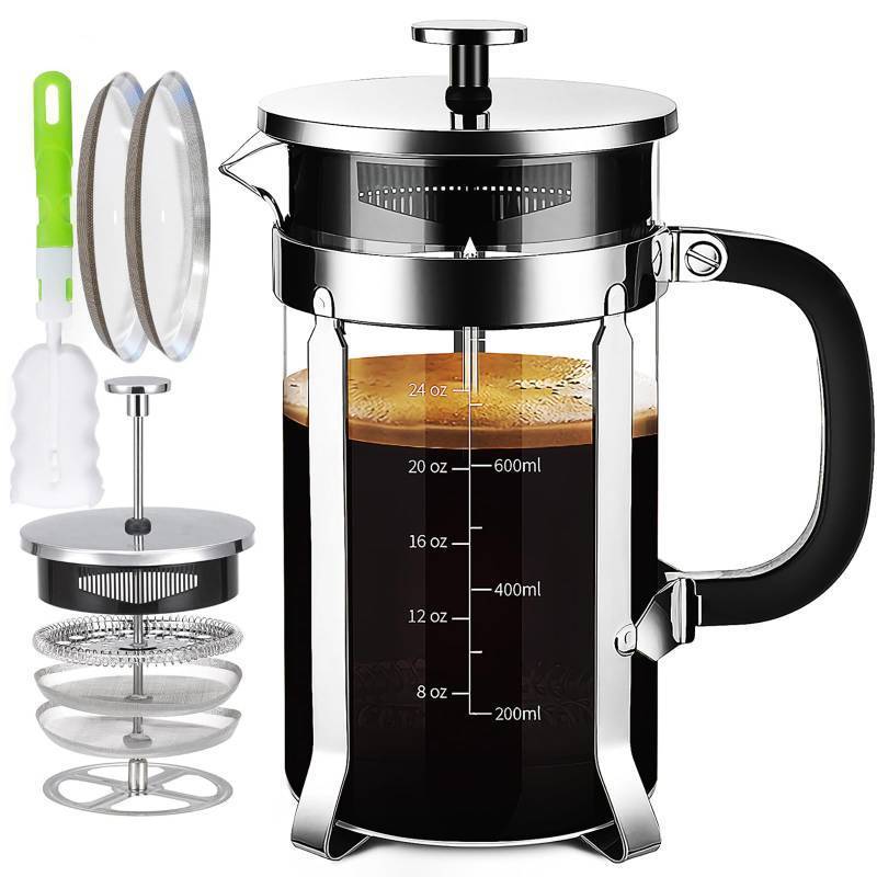 lot 61699 image: French Press Coffee Maker 304 Stainless Steel Coffee Press, with 4 Filters System, Heat Resistant Thickness Borosilicate French Press Glass, BPA-Free Brewed Tea Pot Coffee Plunger - Retail $20