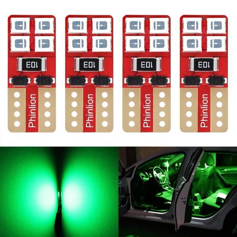 lot 61711 image: PHINLION 194 Green LED Light Bulbs, Super Bright Wedge W5W 168 2825 175 T10 LED Replacement Bulb for Car Interior Dome Map Door Courtesy License Plate Dash Instrument Lights, Pack of 3 - Retail $8