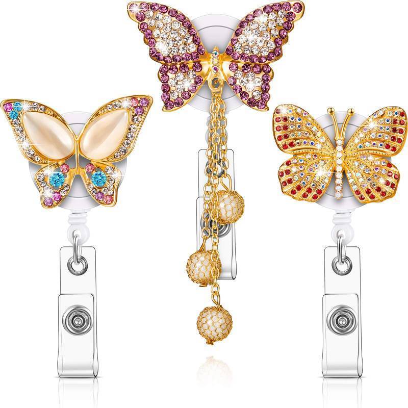 lot 61717 image: 3 Pieces Butterfly Badge Reels Retractable Rhinestone Nurse Badge Holders Butterfly ID Name Tag Holder Reels with Alligator Clips and Belt Clips for Teachers Students Volunteers and Employees - Retail $9
