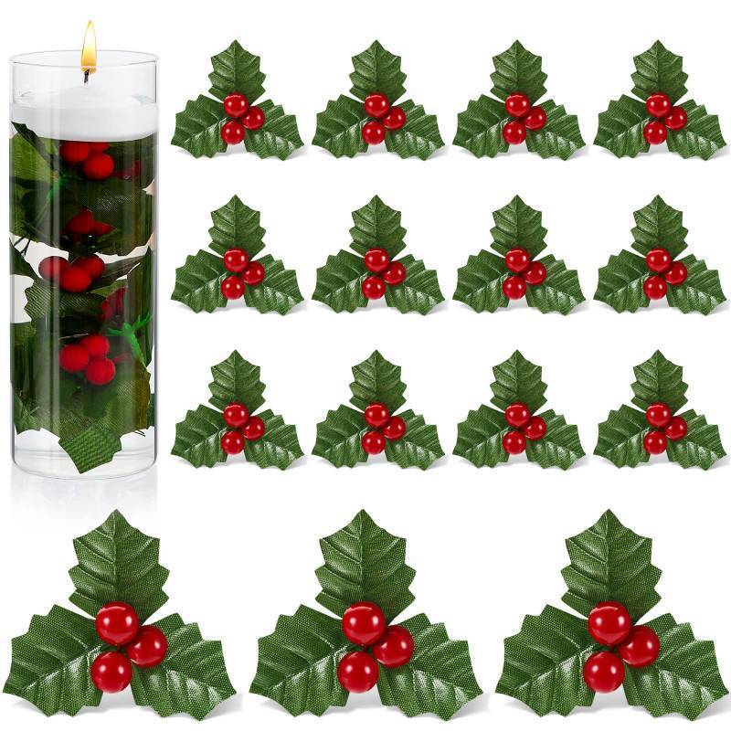 lot 61719 image: 50 Pcs Christmas Holly Berries for Crafts Faux Berries Flowers and Holly Leaves Christmas Wreath Fillers for Vase Fillers Floating Candle Table Centerpiece (Red) - Retail $17