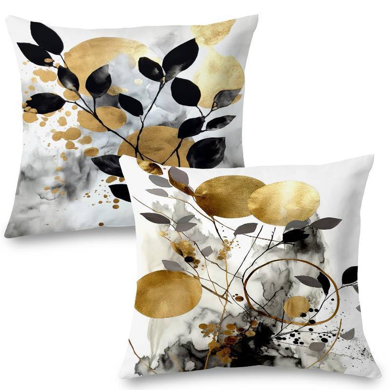 lot 61720 image: Black and Gold Botanical Pillow Covers 18x18 Set of 2, Abstract Modern Decorative Throw Pillow Covers for Living Room Bedroom, Modern Home Decor, Black and Gold Bedroom Living Room Decor - Retail $15