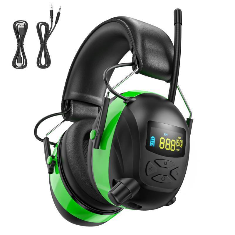 lot 61731 image: 2025 AMFM Radio Ear Protection Headphones with Backlit Digital Display, 120H Working Time, Rechargeable Hearing Protector, 30dB Noise Reduction Safety Earmuffs for Mowing, Construction, Work, Green - Retail $48