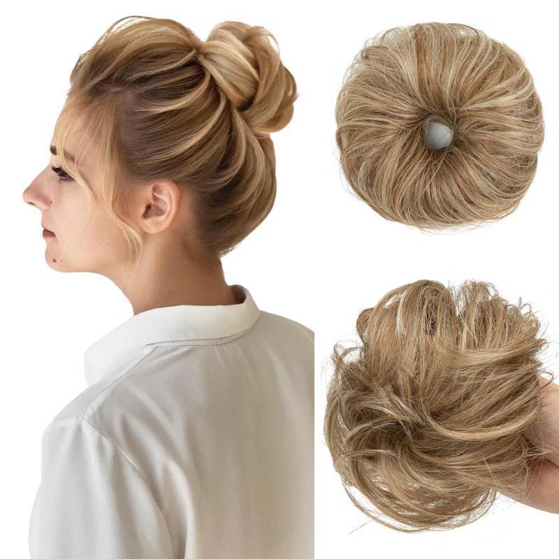 lot 61747 image: 2PCs Small Cute Messy Bun Hair Piece for Thin Hair Women Mini Synthetic Curly Bun Scrunchies Updo Hairpieces Sahara Beige - Retail $18
